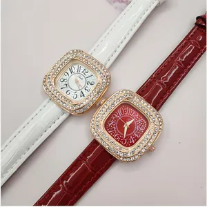 Square rhinestone women quartz watch with leather strap detailed view showing color variants.