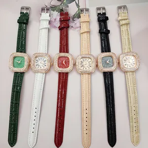 Fashion square rhinestone women quartz watch with textured leather strap, multi-color choices.