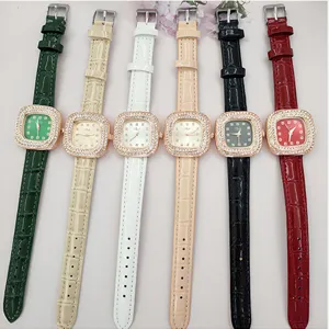 Women square rhinestone quartz watch with crocodile pattern leather strap multi-color set