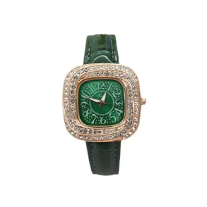 Square rhinestone women quartz watch with green leather strap elegant fashion timepiece