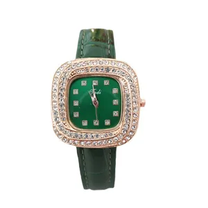 Square rhinestone women watch with green leather strap luxury quartz wristwatch for girls and ladies