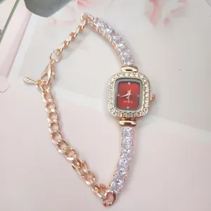 Women quartz watch square red dial crystal rhinestone chain strap elegant fashion jewelry watch