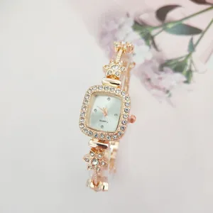 Damen quadratische Quarz Armbanduhr Roségold Strass Blumen Armband Mode schick elegant