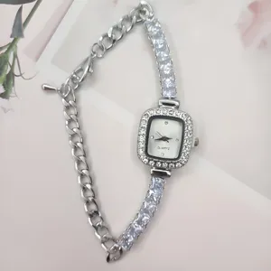 Square rhinestone women quartz watch with elegant chain strap detailed close up view