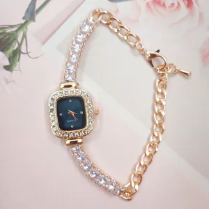 Elegant women square quartz watch featuring rhinestone bezel and half chain strap.