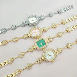 Strass Quadrat Uhr Set, Blumen Kette Armband Design, elegante Damen Quarz Uhr.