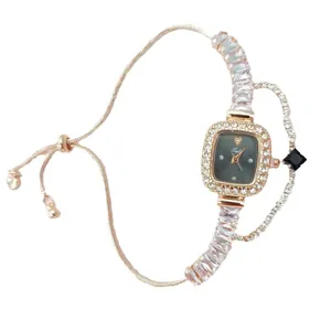 Detailansicht der eleganten Damenquarzuhr mit quadratischem Zifferblatt und Strass.
