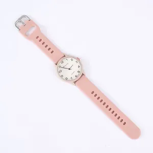 Rosa Silikonarmband Quarzuhr für Damen und Studenten mit klarem Zifferblatt Design.