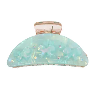 Molla per capelli in acrilico a mezzaluna con fiocchi e strass, accessorio blu elegante donna.
