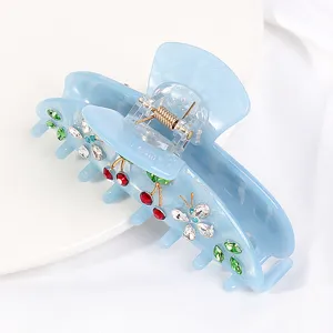 Molla per capelli in acetato blu con strass ciliegia farfalla design elegante accessorio moda