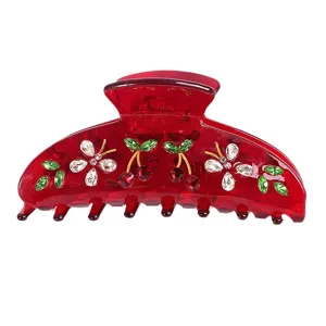 Molla per capelli rossa traslucida con strass ciliegie e fiori per acconciatura elegante.