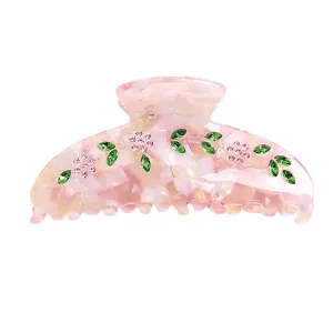 Molla per capelli in acetato rosa con strass di cristallo e foglie verdi per donne e ragazze.