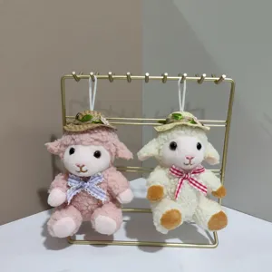 Cute straw hat little sheep plush pendant toy, soft stuffed animal bag hanging ornament key chain.