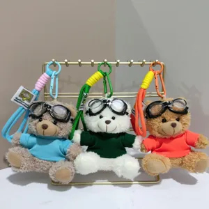 Cute pilot teddy bear plush keychain backpack pendant with aviator goggles and colorful sweater