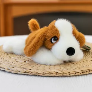 Detailed shot of cute simulation puppy plush toy, soft stuffed animal lying down for office decor.