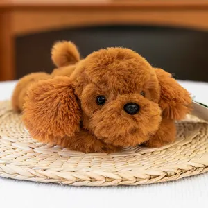 Brown fluffy simulation puppy plush toy detail view, soft cute stuffed animal toy for gifts.