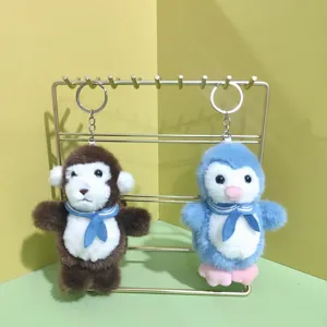 Cute plush animal keychain set, fluffy monkey and penguin bag pendant, soft toy charms