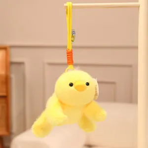 Cute yellow chick plush toy keychain, soft stuffed animal hanging doll for backpack and desk decor.