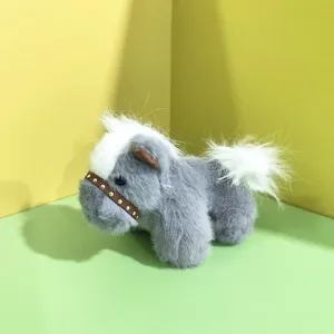 Cute grey plush horse keychain pendant with white mane tail and brown studded halter accessory.