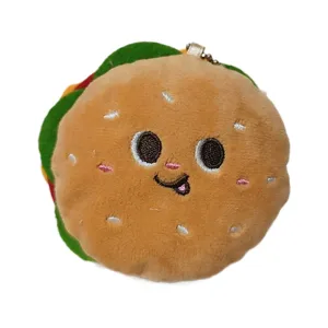 Cute hamburger plush toy keychain, fluffy stuffed burger doll bag pendant with sweet face design.