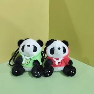 Cute panda plush toy bag pendant with colorful hoodies, detailed close-up showcase view.