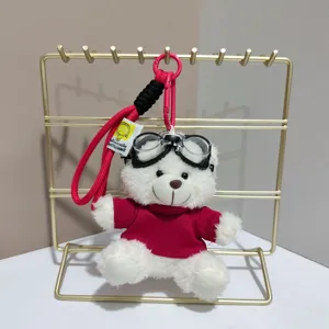 Cute flying bear plush toy pendant with pilot goggles and red sweater for backpack keychain decor