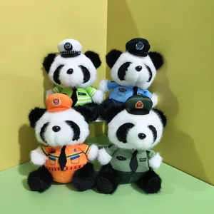 Cute police panda plush toy set, soft stuffed animal doll uniform keychains for gifts.