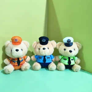 Cute police bear plush toy keychain, soft stuffed animal doll in uniform, detailed cute gift.