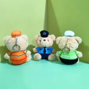 Cute plush bear keychain set featuring police and sport designs, soft toy bag charm pendant.