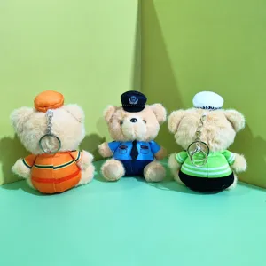 Police bear plush keychain cute cartoon bag charm soft stuffed animal toy accessories