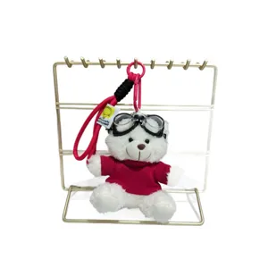 Cute aviator bear plush toy keychain, fluffy white teddy doll backpack pendant.