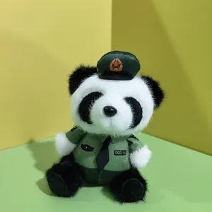Cute police panda plush toy keychain, green uniform doll bag pendant for wholesale and daily gift.