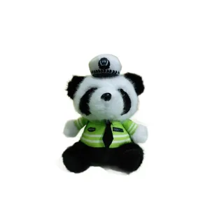 Cute traffic police panda plush pendant keychain, soft stuffed animal bag charm accessory.
