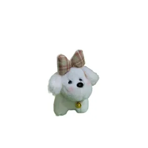 Carino cucciolo bianco peluche portachiavi con fiocco a quadri marrone bambola soffice