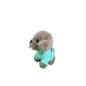 Cute brown teddy dog plush toy keychain, fluffy puppy pendant bag charm with green shirt.