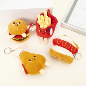Cute fast food plush keychains set featuring burger fries hot dog and chicken leg for bags.