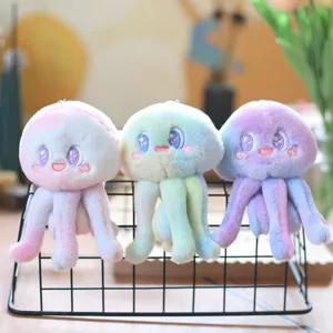 Cute pastel tie-dye jellyfish plush keychain detail shot, soft plush toy with sparkly embroidered eyes.