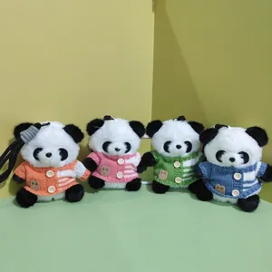Cute panda plush toy pendant wearing knitted sweater, soft doll keychain decoration for bag.