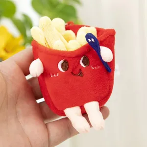 Cute french fries plush pendant detail, soft stuffed keychain and cute bag hanging ornament.