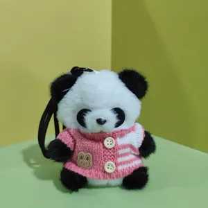 Cute plush panda keychain with pink striped sweater, soft toy bag charm for daily use.
