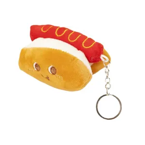 Cute hot dog plush keychain, soft bread pendant toy for schoolbag decoration and keys.