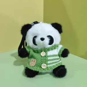 Cute plush panda keychain pendant with a knit sweater, soft stuffed doll bag charm ornament.