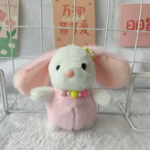 Schattige konijnen pluche hanger met roze witte vacht, parelketting voor schooltas en sleutelhanger.