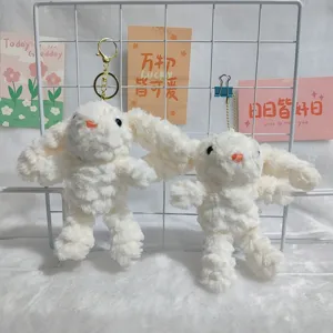 Cute lop-eared rabbit plush pendant keychain, soft white stuffed bunny bag charm for women.