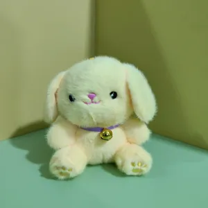 Cute fluffy puppy plush toy pendant with bell keychain, soft stuffed animal bag charm for kids.