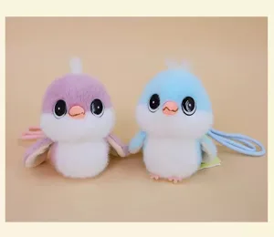Cute plush bird pendant detail view, soft toy keychain with lovely big eyes, close-up shot.