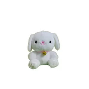 Cute white puppy plush toy pendant with golden bell, soft stuffed doll bag charm keychain.