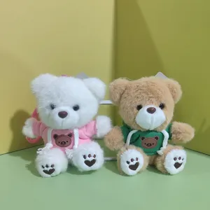 Cute plush teddy bear keychain, soft stuffed animal doll with colorful hoodie bag charm.
