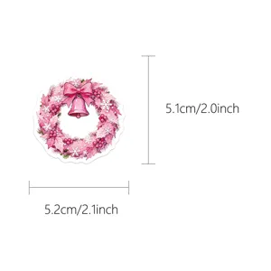 Roze kerststicker, schattige roze krans met strik en bel, DIY waterdichte sticker voor decoratie.