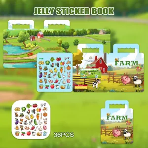 Vista dettagliata del libro di adesivi jelly fattoria portatile con simpatici animali.